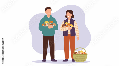 Happy couple picking wild mushrooms in autumn, vector illustration