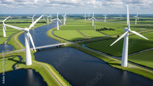 Aerial view of wind turbines standing along a serene canal with a bridge and lush green landscape under a partly cloudy sky