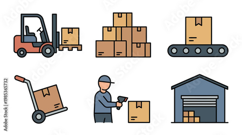 Warehouse logistics with forklift and stacked boxes.