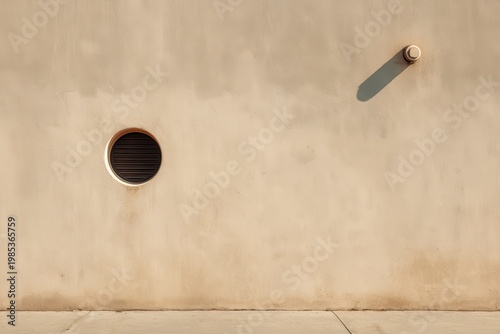 Weathered beige concrete wall with a small circular vent and a protruding bolt casting a sharp shadow on a sunny day texture detail