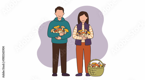 Man and woman holding freshly picked mushrooms and a basket of berries