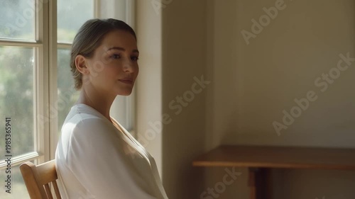 A Thoughtful Woman in Natural Light: Capturing a Moment of Reflection and Serenity in an Indoor Setting with Soft, Ambient Lighting