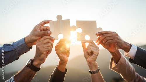 Quadro su tela Team Building Concept with Wooden Jigsaw Pieces at Sunset