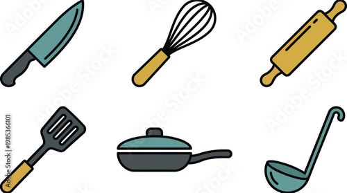 Cartoon Assorted Kitchen Utensils Icon Set.