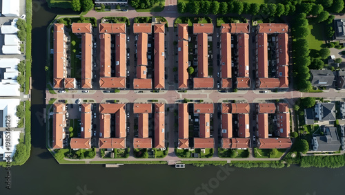 Aerial view of a serene canal neighborhood with rows of houses and green spaces
