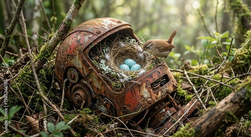 Rusty Robot Nesting Birds in Forest