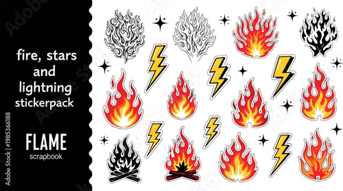 Fire flame lightning bolt stars sticker pack vector set handdrawn burning campfire spark decorative scrapbook tattoo style elements collection