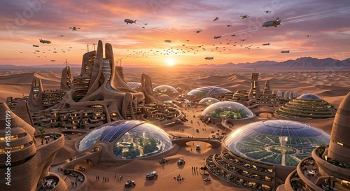 Futuristic Cityscape with Dome Houses and Flying Vehicles at Sunset