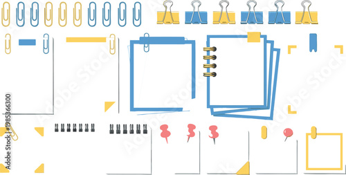 Stationery and office supplies icon set with notebooks, paper clips, binders, and pins, modern flat vector collection for workspace design