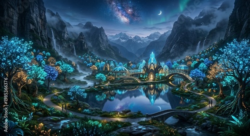 Fantasy Landscape at Night with Glowing Trees and Mountains