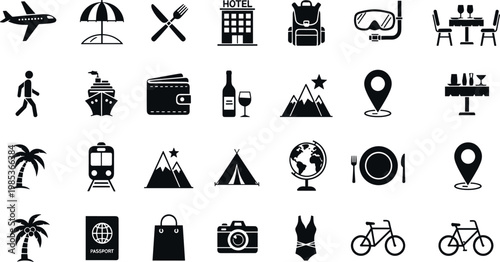 Travel and vacation icon set with tourism elements, black glyph vector collection including transport, hotel, beach, and adventure symbols