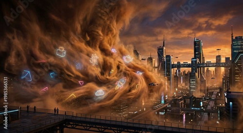 Dystopian Cityscape with Futuristic Skyline and Flying Drones