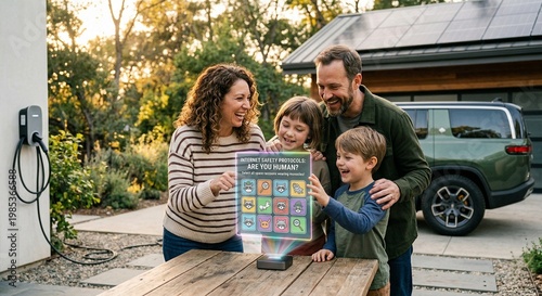 Family of Four Standing in Front of Solar Car Charger