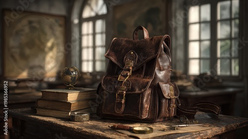 A Detailed Close-up of a Sparkly Brown Backpack Covered in Tiny Golden Sequins Placed on an Old Wooden Desk in a Dusty Library with Sunlight Streaming Through Large Windows