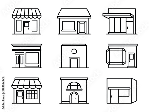 Outline vector illustrations of various shop facades and storefronts with storefront illustration building architecture commercial business minimalist background exterior shopfront commerce