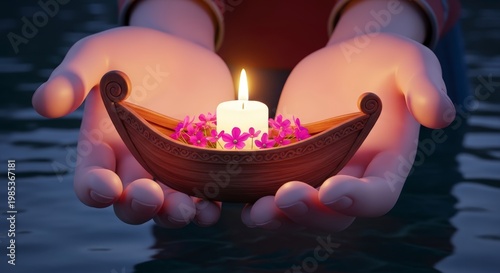 Hands holding lit candle in boat.