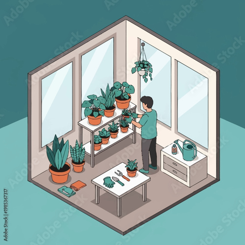 A man tending to plants in a sunroom with large windows and shelves.