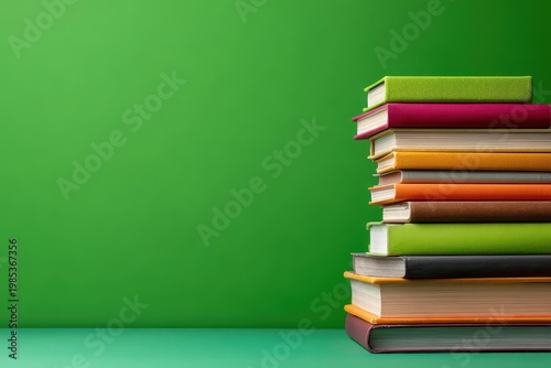 A Stack Of Assorted Hardcover Books With Colorful Textured Covers Ranging From Bright Green To Deep Red Stands Tall Against A Vibrant Green Background Isolated On A Teal Surface
