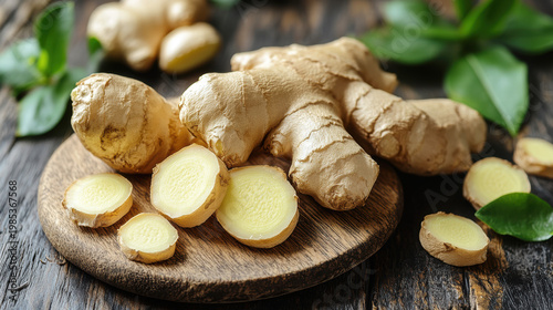 Whole and sliced ginger root on rustic wood with green leaves