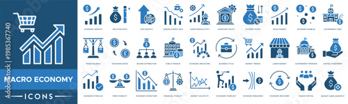 A set of blue macro economy icons for business and finance