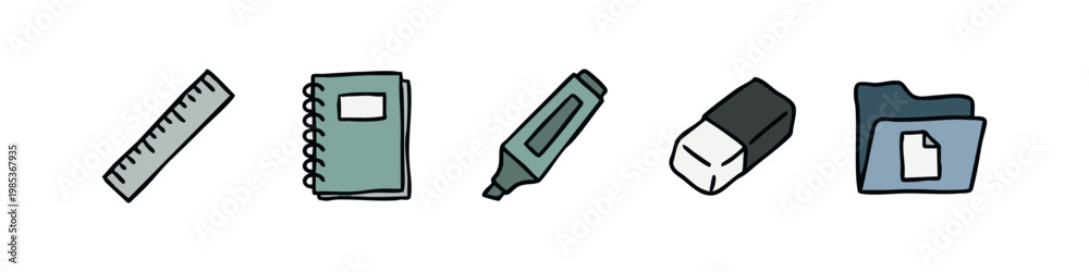 Fototapeta premium School and Study Icon Set - Ruler, Notebook, Marker, Eraser, and Folder Illustration