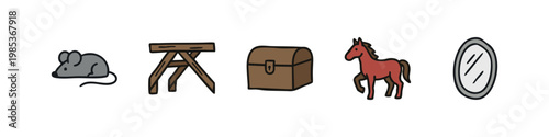 Miscellaneous Objects Icon Set - Mouse, Workbench, Chest, Horse, and Mirror Illustration