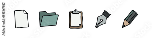 Office Stationery Icon Set - Paper, Folder, Clipboard, Pen Nib, and Pencil Illustration