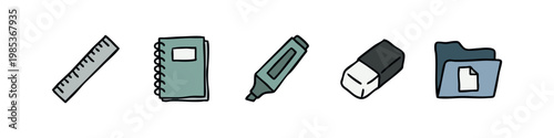 School and Study Icon Set - Ruler, Notebook, Marker, Eraser, and Folder Illustration
