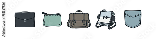 Bags and Personal Items Icon Set - Briefcase, Pouch, Satchel, Rolodex, and Pocket Illustration