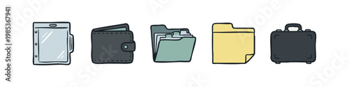 Personal Organization Icon Set - Sleeve, Wallet, Dividers, Folder, and Case Illustration