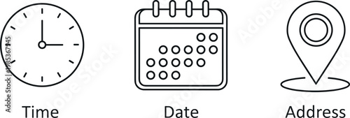 Time date and address icon set with clock calendar and location pin symbols in outline style for interface design