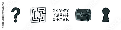 Mystery and Puzzle Icon Set - Question Mark, Maze, Symbols, Chest, and Keyhole Illustration
