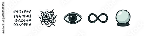 Esoteric Mind Icon Set - Coded Text, Scribble, Eye, Infinity, and Crystal Ball Illustration