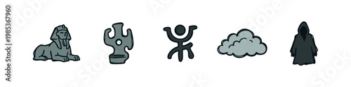 Ancient Mystery Icon Set - Sphinx, Idol, Symbol, Cloud, and Hooded Figure Illustration
