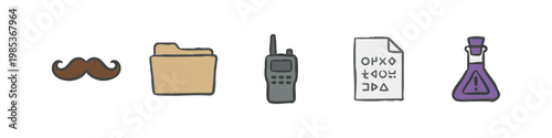 Secret Agent Icon Set - Moustache, Folder, Radio, Coded Paper, and Potion Illustration