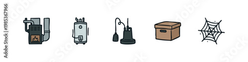 Home Utility Icon Set - Furnace, Water Heater, Pump, Box, and Web Illustration