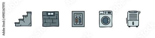 Basement Maintenance Icon Set - Stairs, Wall, Fuse Box, Washer, and Dehumidifier Illustration
