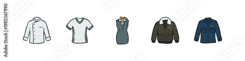 Vector Hand Drawn Clothing Icons with Chef Jacket Flight Attendant Uniform and Pilot Bomber