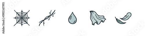 Dirty Attic Icon Set - Spiderweb, String, Drop, Cloth, and Feathers Illustration
