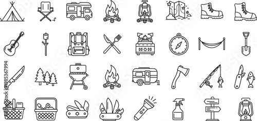 Camping and outdoor icon set with tent campfire hiking tools fishing gear and adventure symbols in outline style design