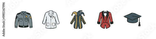 Professional Career Icons Set with Jester Outfit Lab Coat Graduation Cap and Security Shirt