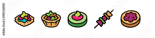 Colorful Hand-Drawn Appetizer, Canapé, and Finger Food Icons Set