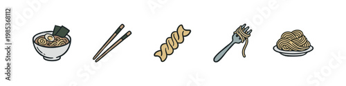 Ramen, Pasta, and Noodle Dish Hand-Drawn Icon Set