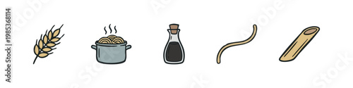 Pasta Ingredients, Cooking Pot, and Wheat Hand-Drawn Icon Set