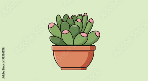 Cartoon succulent plant in terracotta pot, simple flat illustration, green background