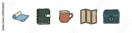 Treasure Chest, Notebook, Mug, and Travel Concept Hand-Drawn Icon Set