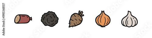 Salami, Beet, Onion, Garlic, and Vegetable Hand-Drawn Icon Set
