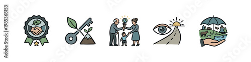 Set of Icons: Partnership, Growth, Legacy, Vision, Nature Preservation