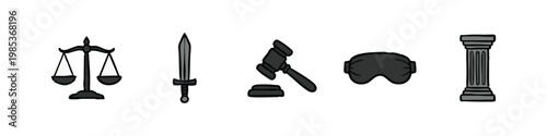 Icons: Scales of Justice, Sword, Gavel, Blindfold, Column