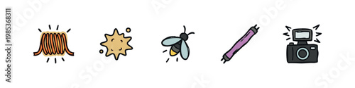 Hand-drawn Doodle Icons of Light Sources, Heat, and Illumination on White Background
